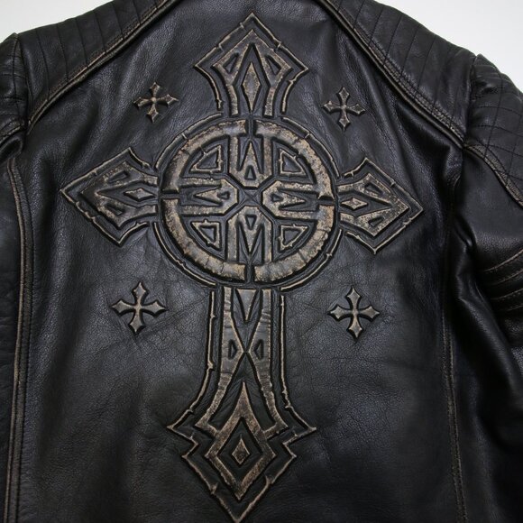 Affliction Black Premium Limited Leather Jacket Mens L fits Slim Cross Back Moto - Picture 10 of 16